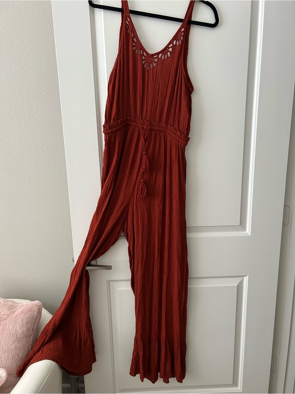 Patrons of Peace Rust Red Sleeveless Jumpsuit with Tassel Waist